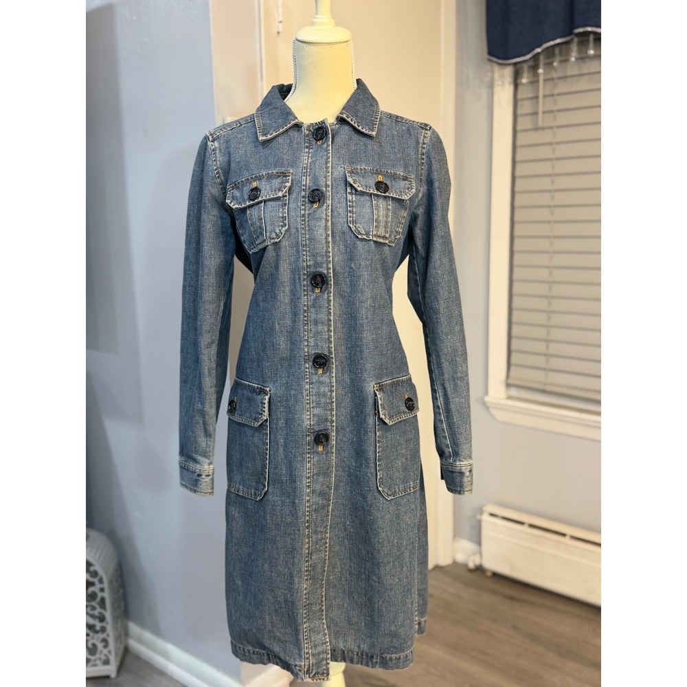 Vintage GAP Denim Duster Coat M 90s Y2K Longline 4 Pocket Utility Jacket